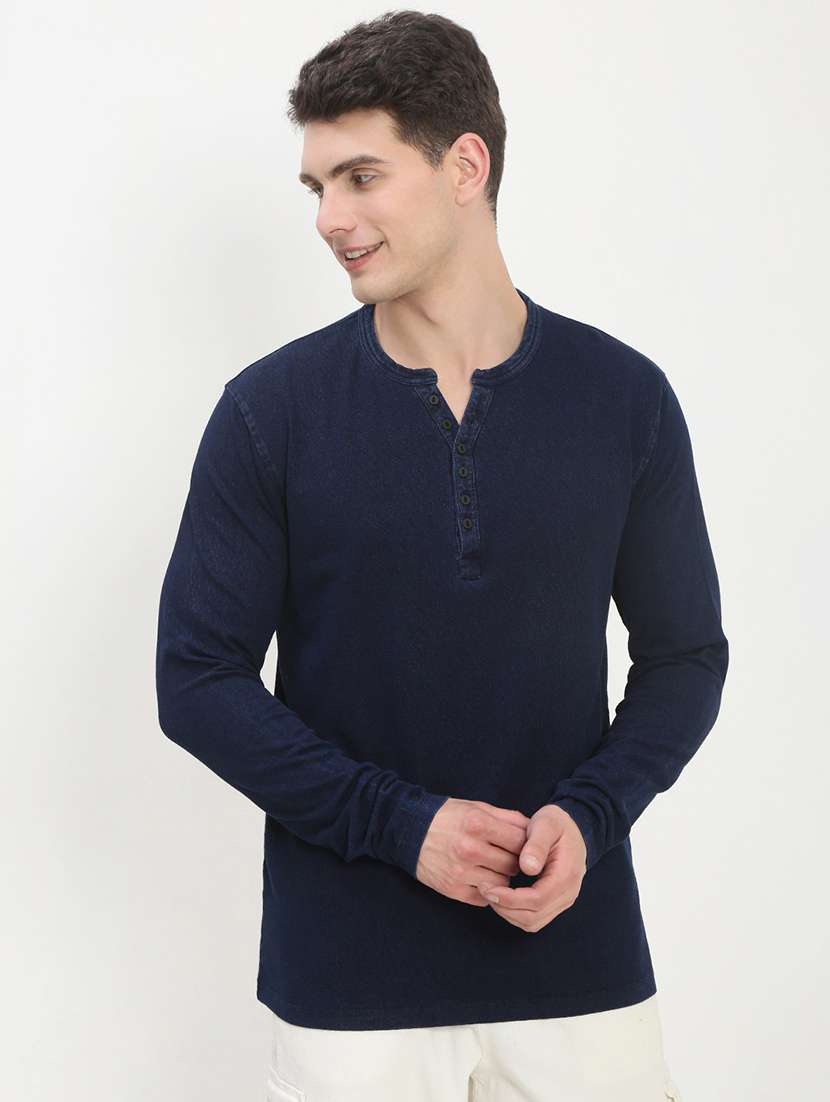 men navy blue long sleeve solid slim fit t-shirt - 21843959 -  Standard Image - 1