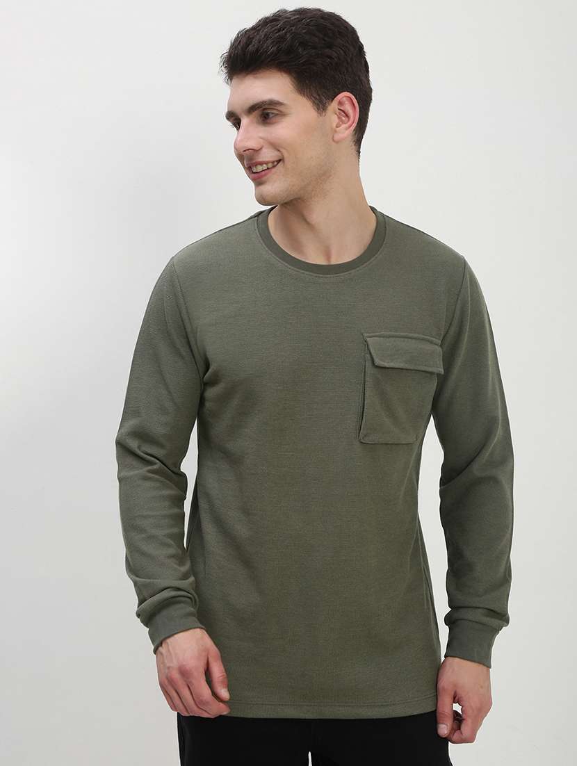 men olive long sleeve solid slim fit t-shirt - 21843965 -  Standard Image - 1