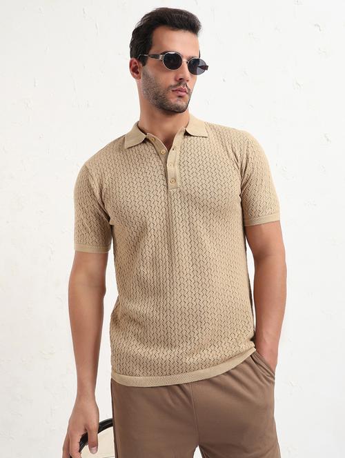 men beige short sleeve solid slim fit polo t-shirt - 21843968 - Standard Image - 0