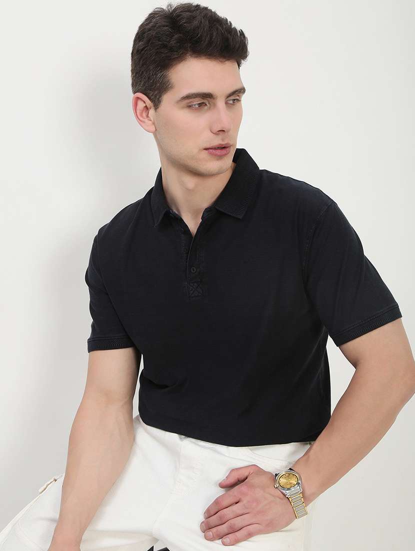 men navy blue short sleeve solid slim fit polo t-shirt