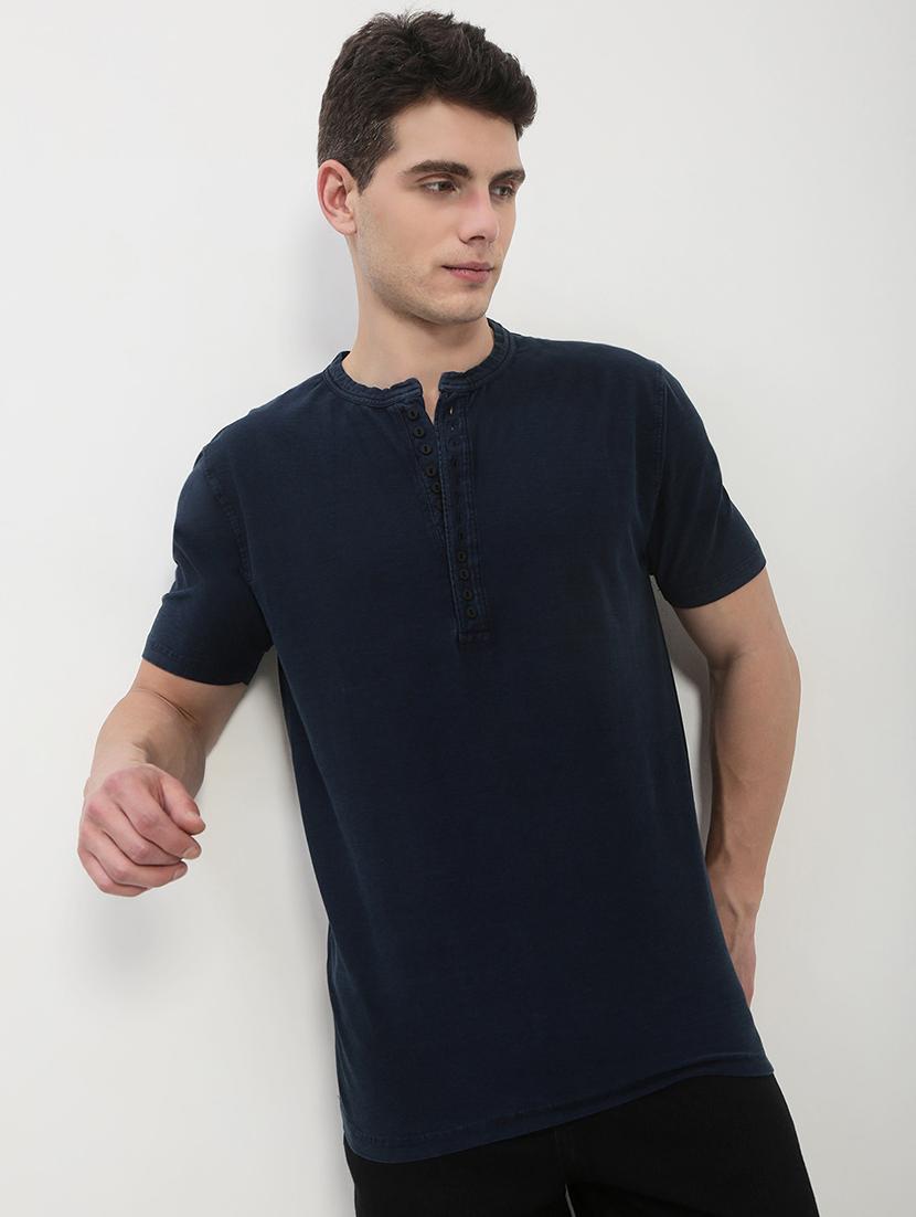 men navy blue short sleeve solid slim fit t-shirt - 21843970 - Zoom Image - 0