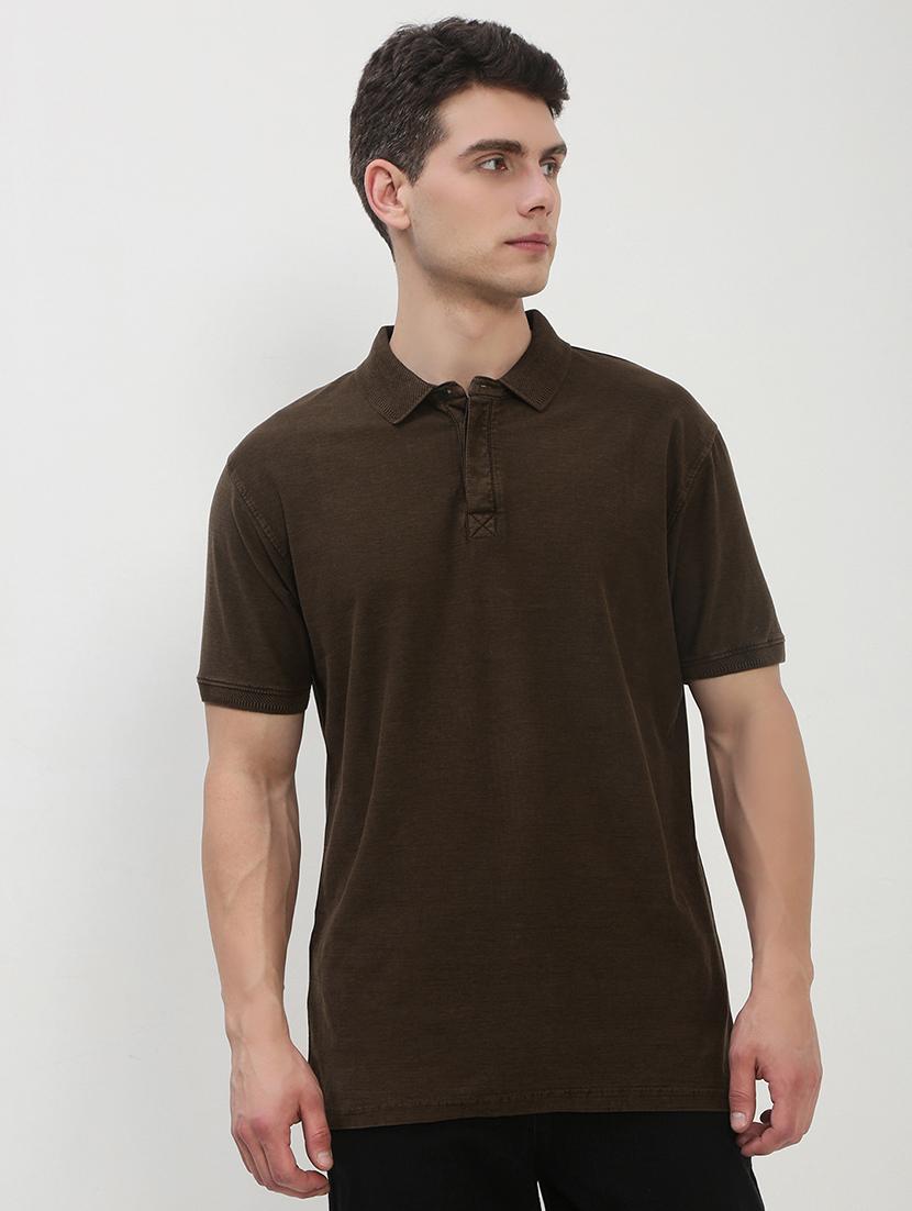 men brown short sleeve solid slim fit polo t-shirt - 21843971 - Standard Image - 1