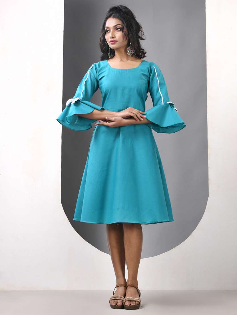 women solid round neck fit & flare ethnic dress