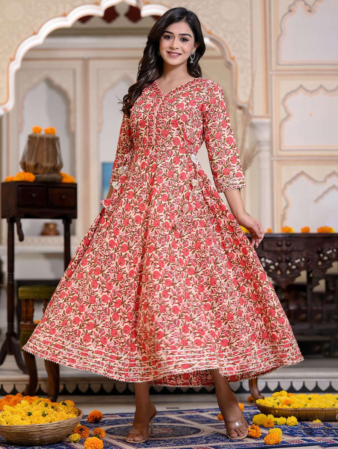 women floral printed three quarter sleeve anarkali ethnic dress - 21844429 -  Standard Image - 1
