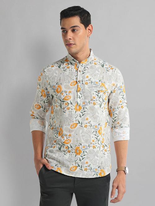 men grey printed long sleeve short kurta - 21844481 - Standard Image - 0