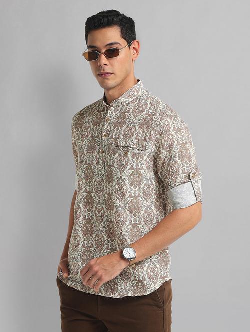 men beige printed long sleeve short kurta - 21844486 -  Standard Image - 0