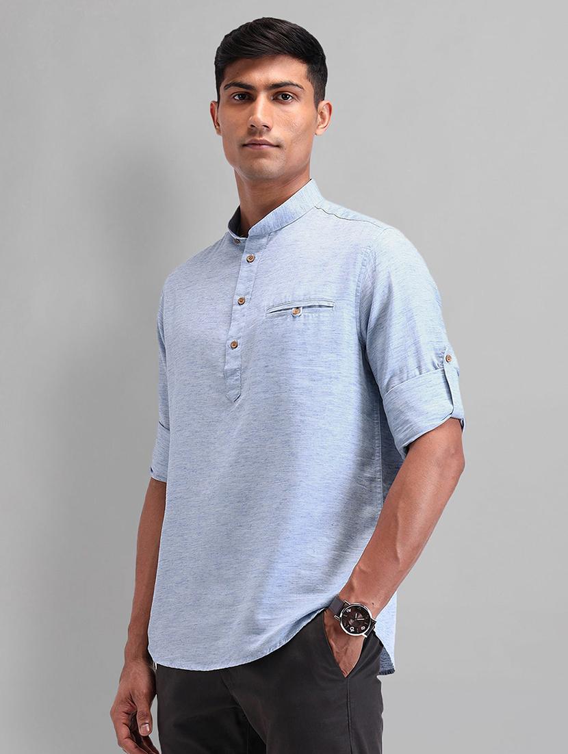 men blue solid long sleeve short kurta - 21844539 - Standard Image - 1