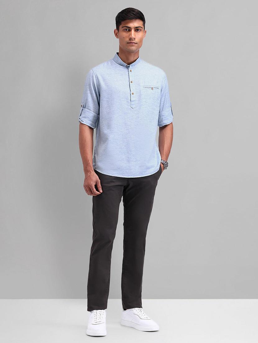 men blue solid long sleeve short kurta - 21844539 - Standard Image - 4