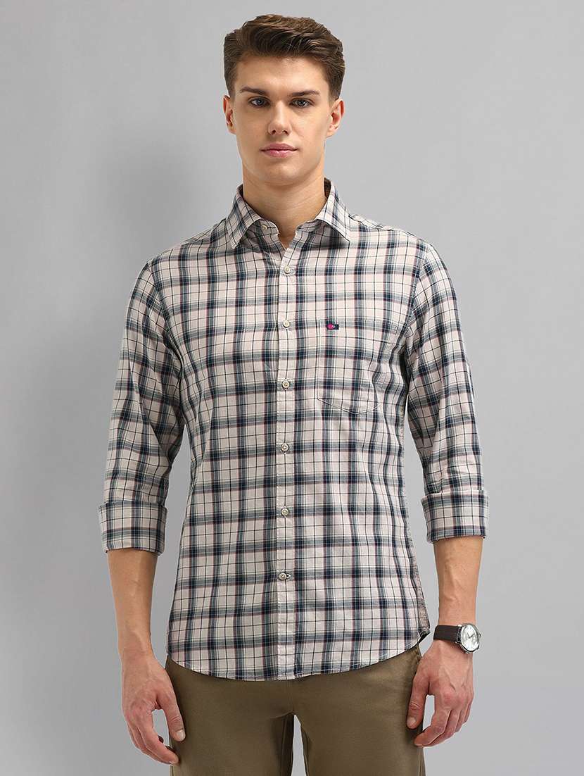 men checkered long sleeve slim fit casual shirt