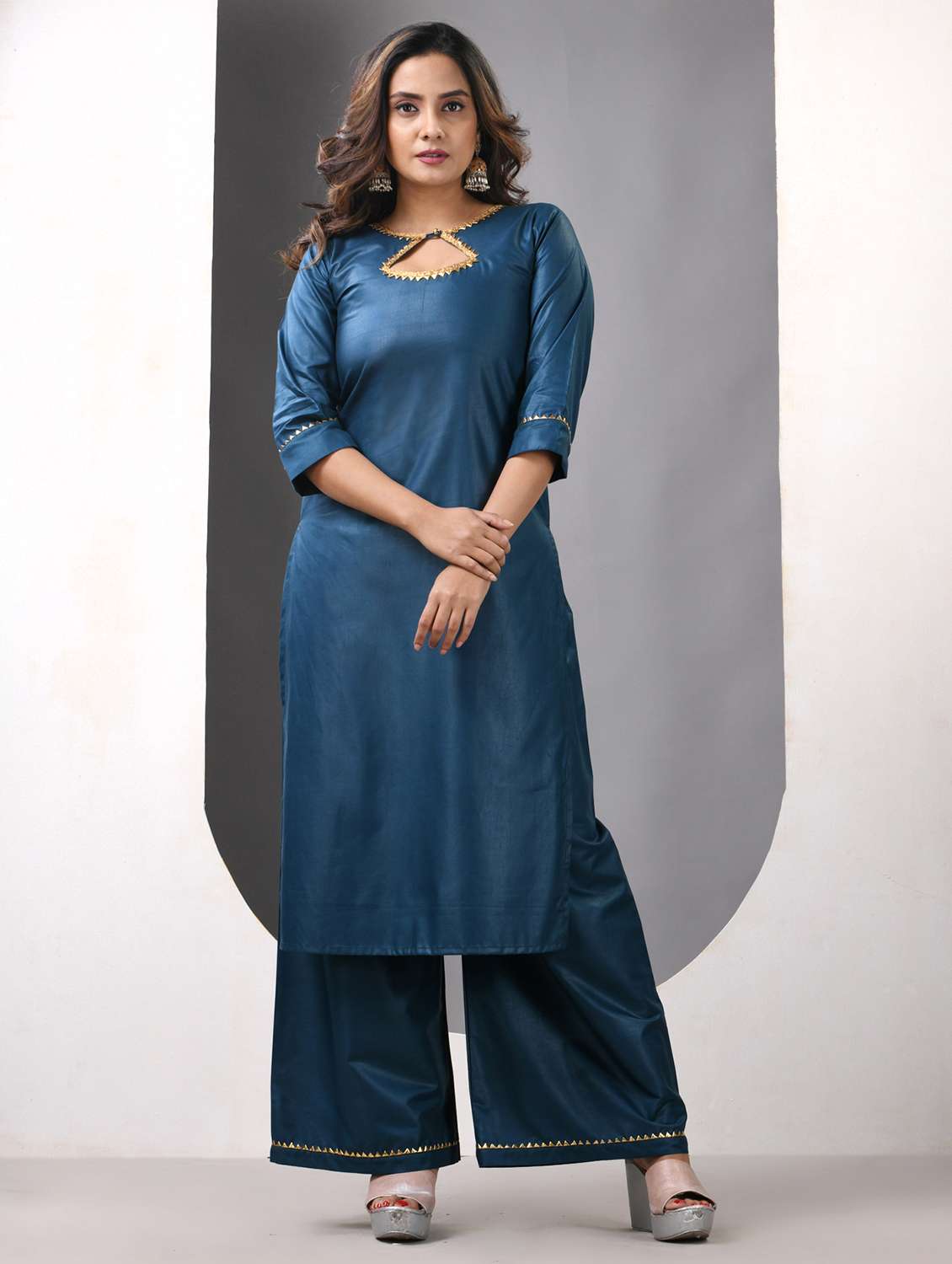 women three quarter sleeve kurta palazzo set