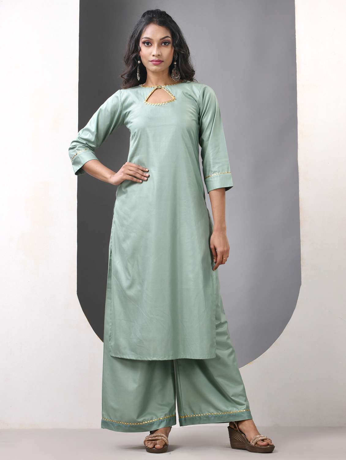 women three quarter sleeve kurta palazzo set