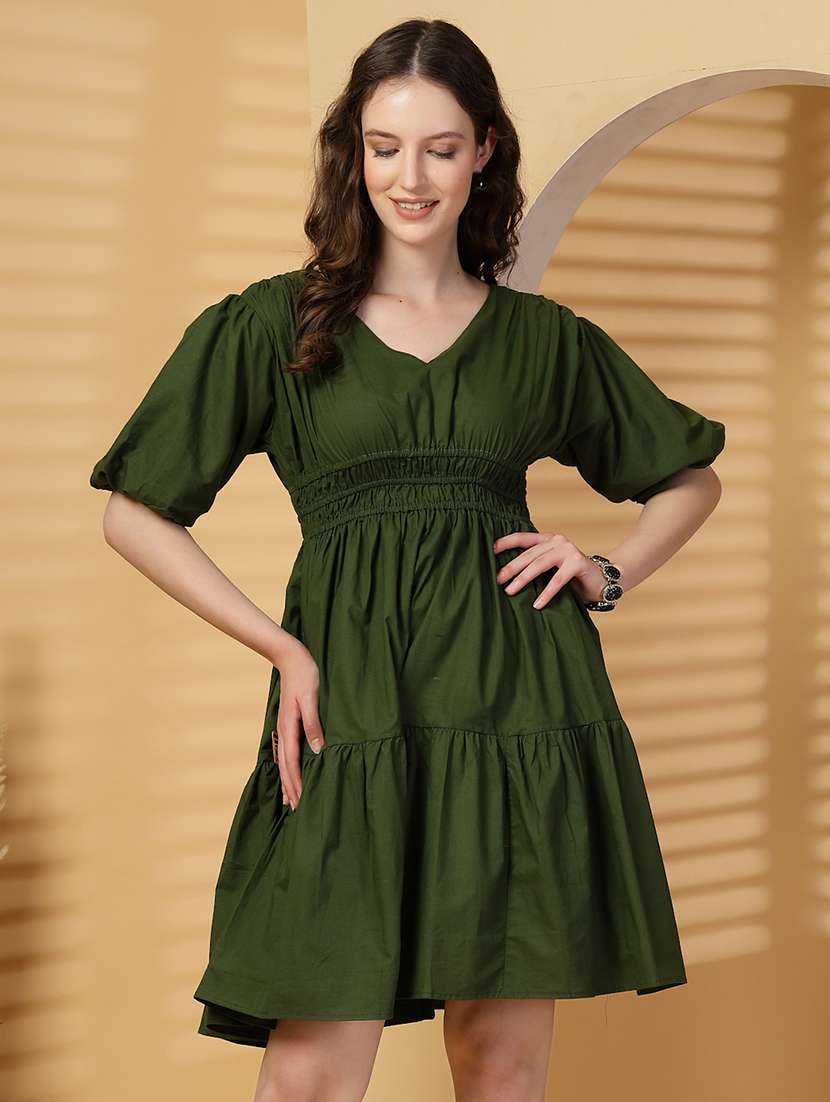 women solid puff sleeves tiered dress - 21844953 -  Standard Image - 1