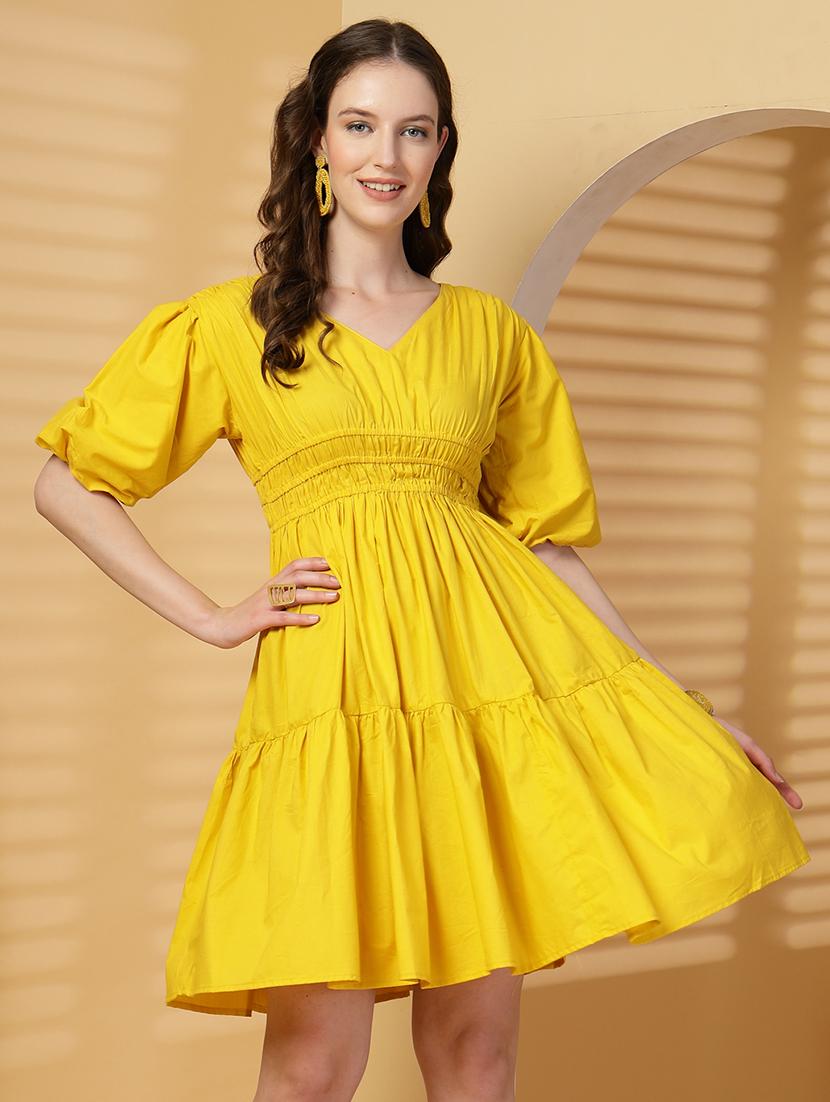 women solid puff sleeves tiered dress - 21844954 -  Standard Image - 1