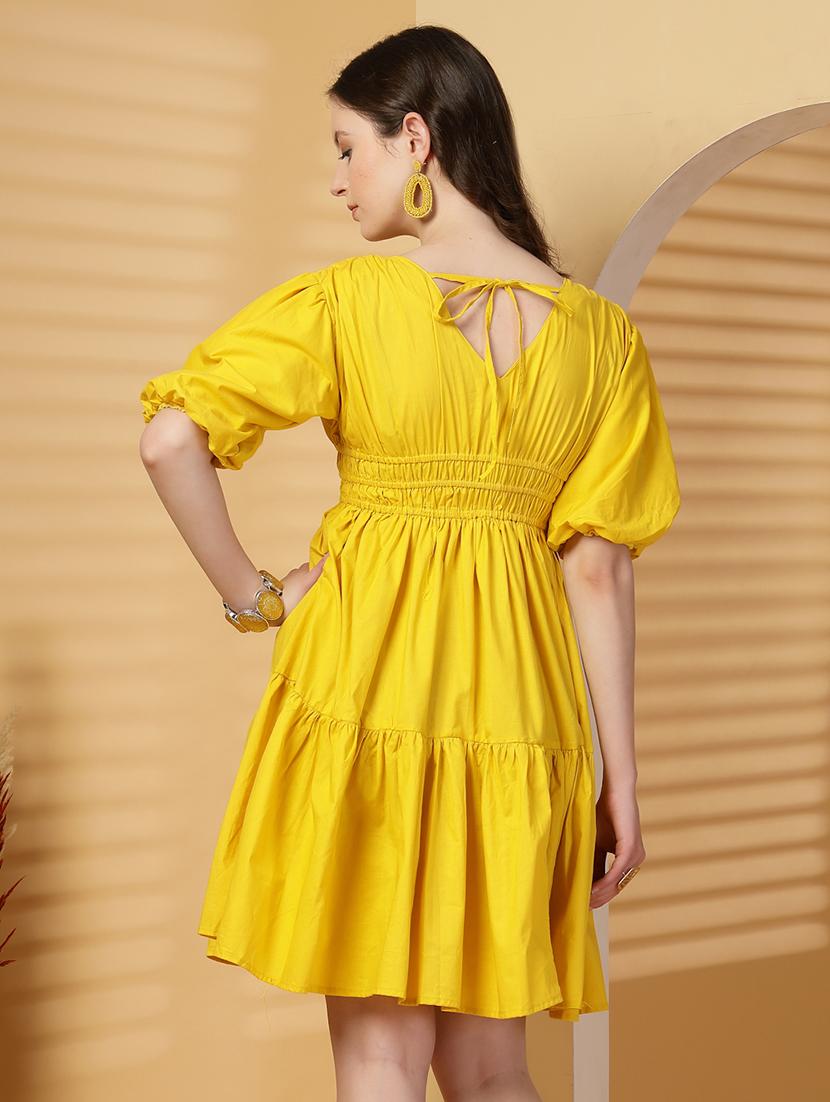 women solid puff sleeves tiered dress - 21844954 - Standard Image - 4