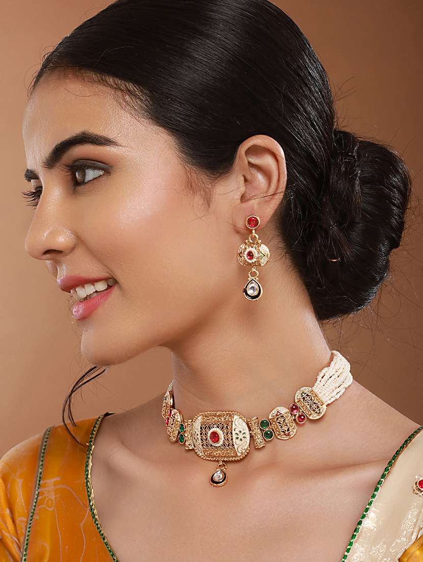 gold plated fusion stone studded filigree choker jewellery set - 21845038 -  Standard Image - 1