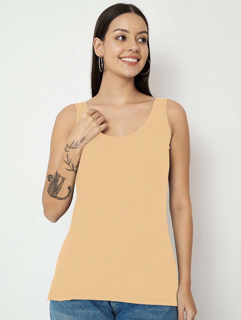 women solid round neck tank top