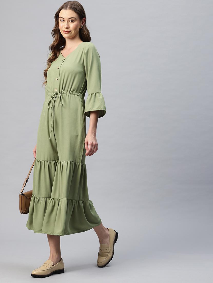 women solid bell sleeves calf length jumpsuit