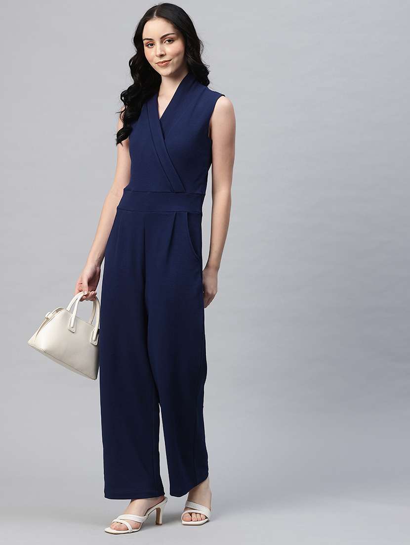 women solid overlap neck sleeveless jumpsuit