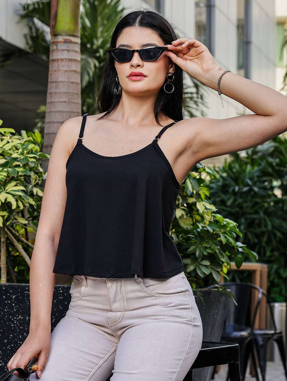 women solid shoulder strap crop top