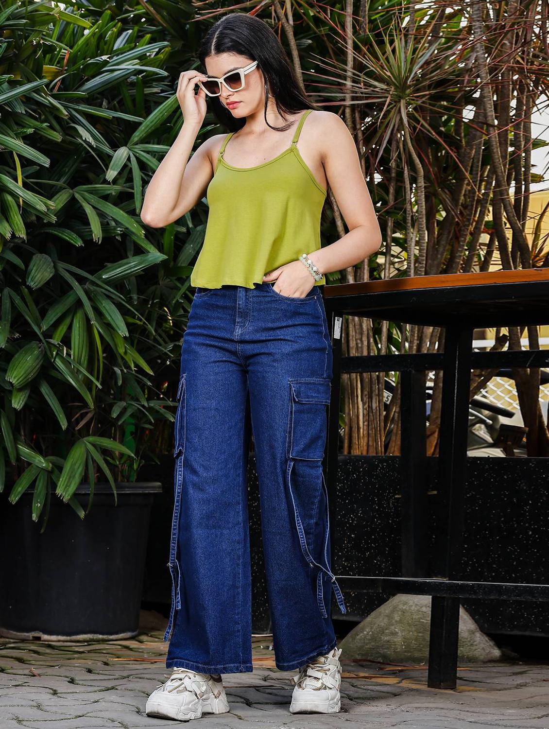 women soslid shoulder strap crop top - 21845459 - Standard Image - 6