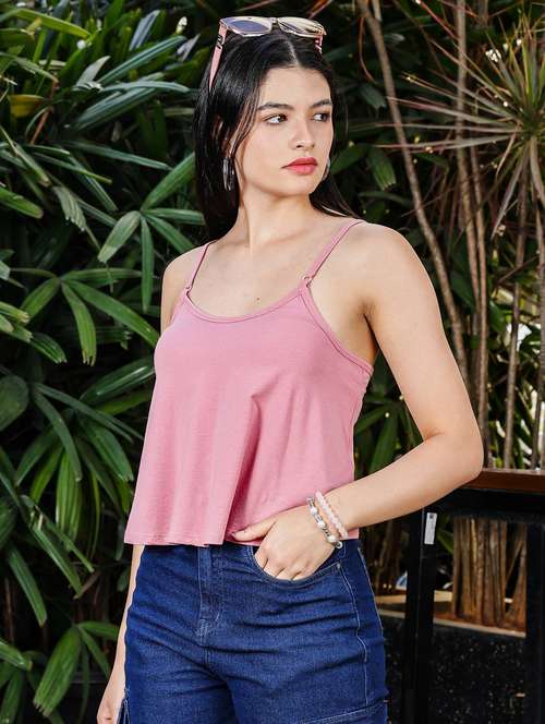 women solid shoulder strap crop top - 21845460 - Standard Image - 0