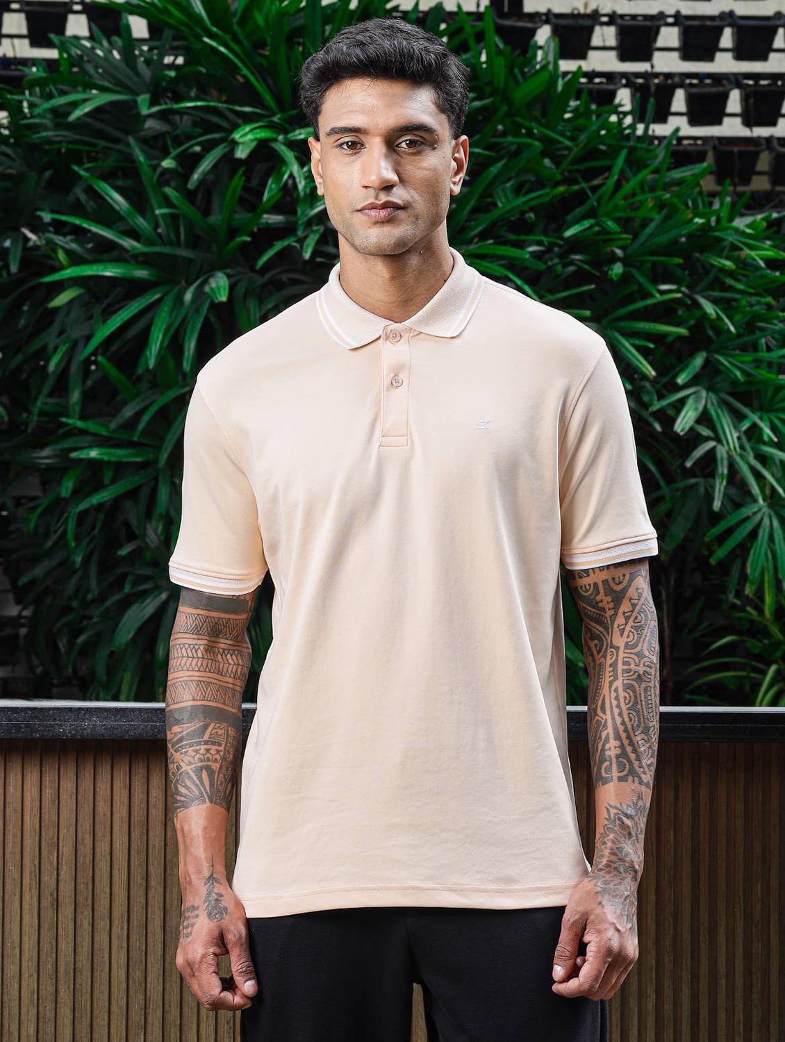 men beige solid short sleeve polo t-shirt - 21845464 - Standard Image - 1