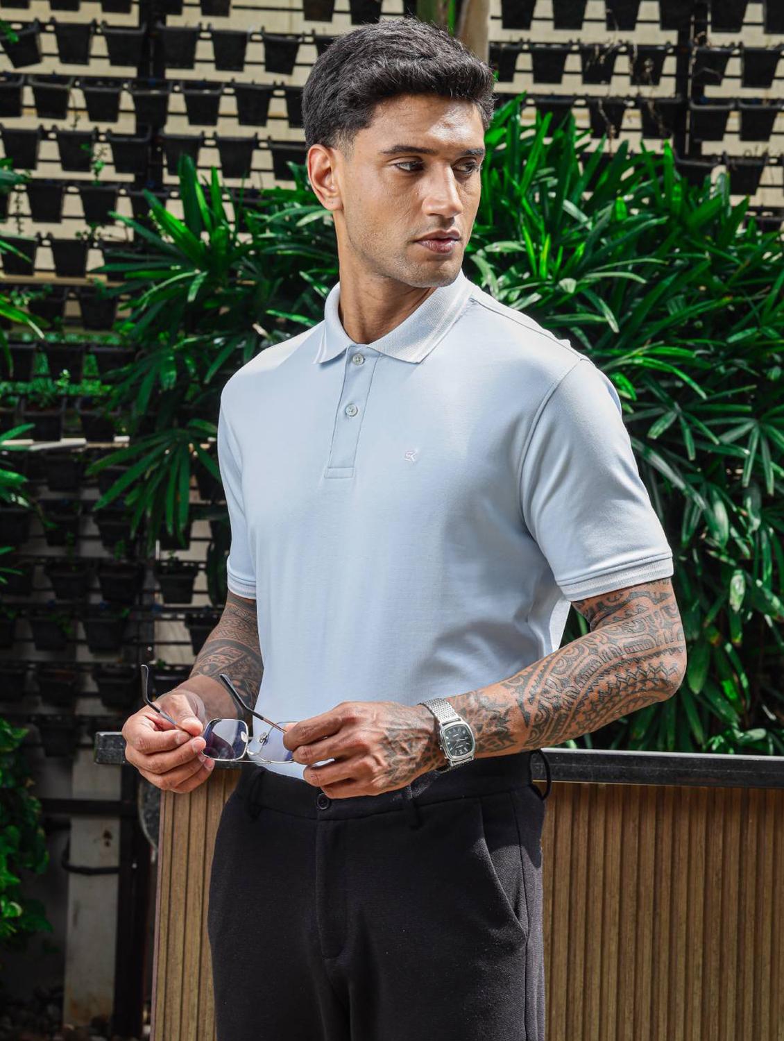 men blue solid short sleeve polo t-shirt - 21845466 - Zoom Image - 0