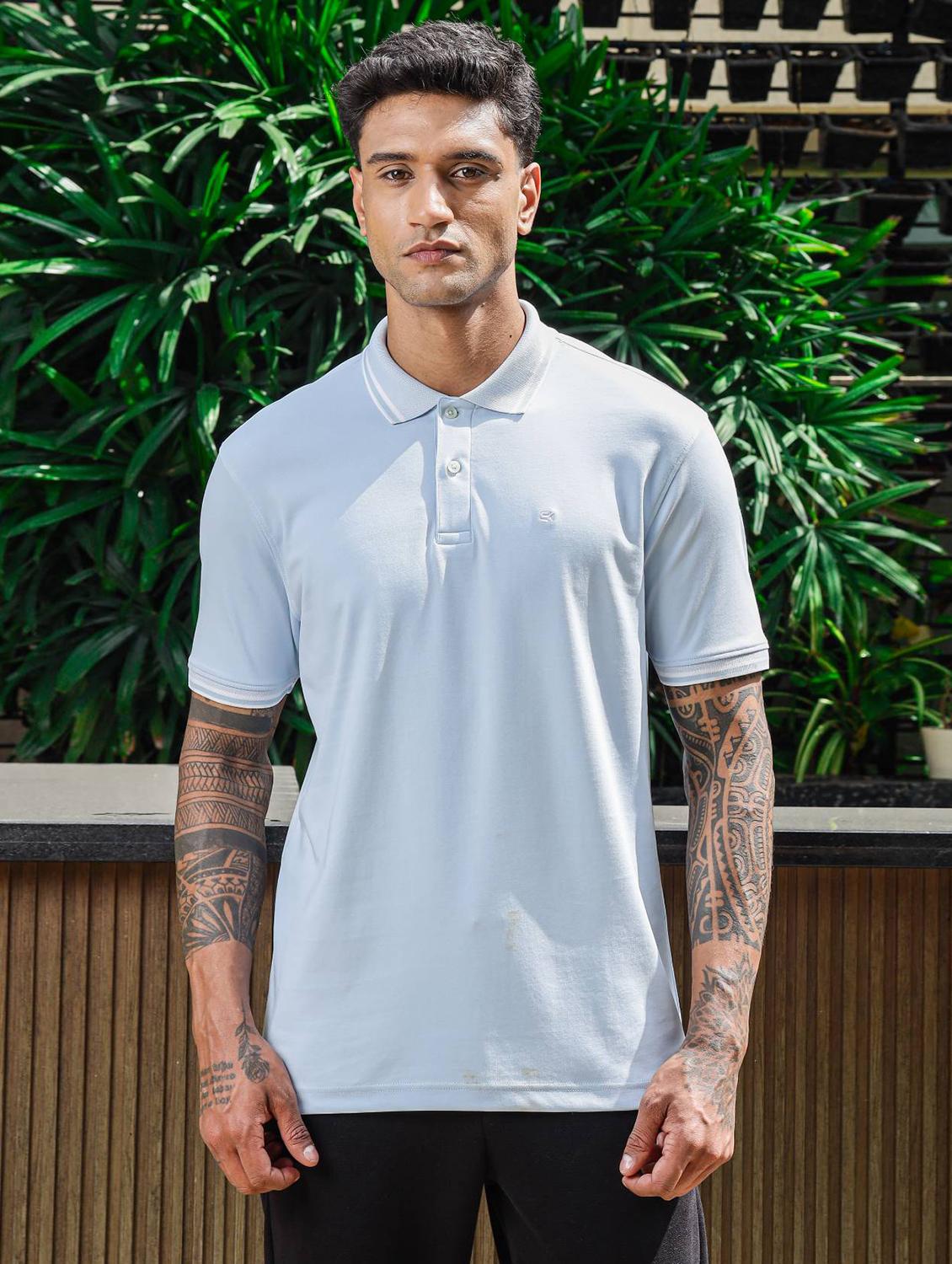men blue solid short sleeve polo t-shirt - 21845466 - Standard Image - 1