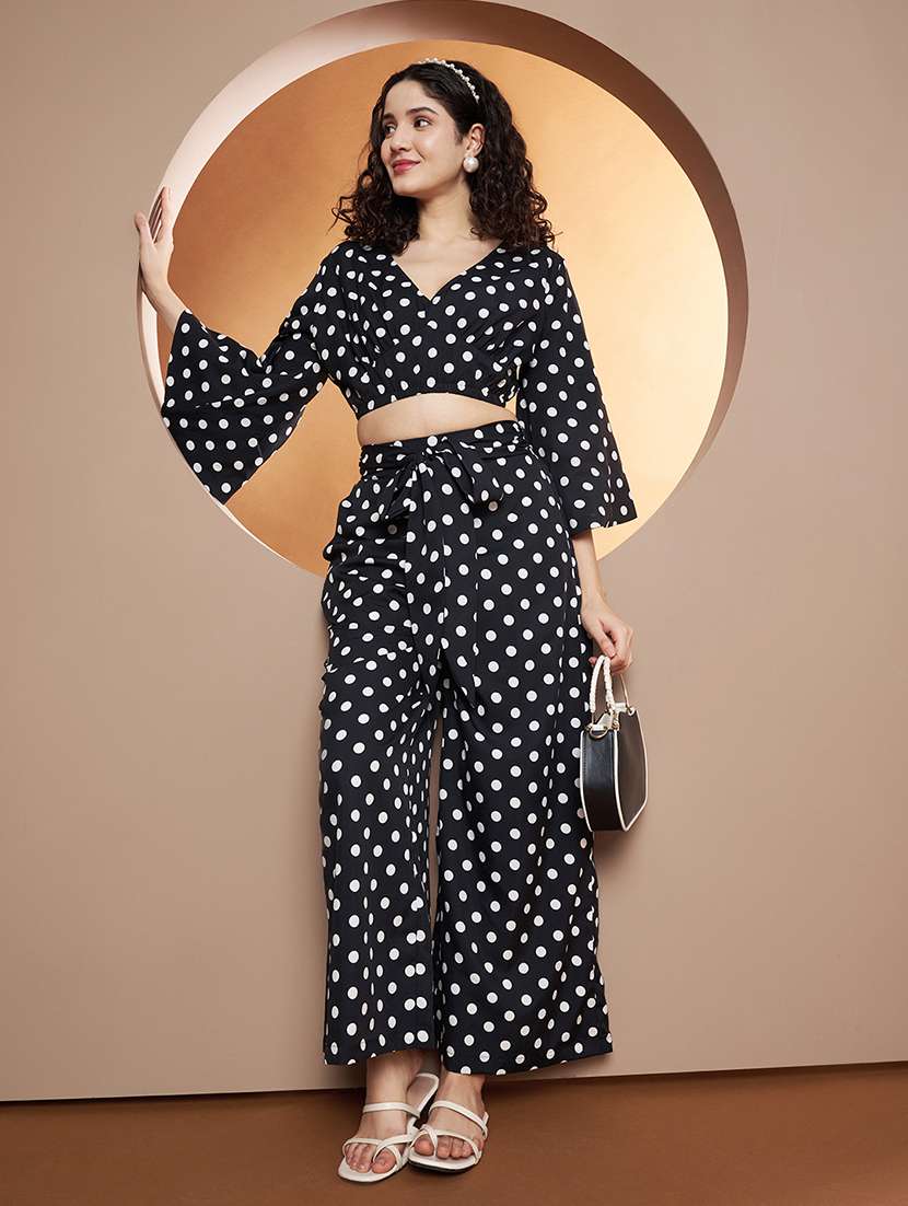 women polka doted top and palazzo co-ord set