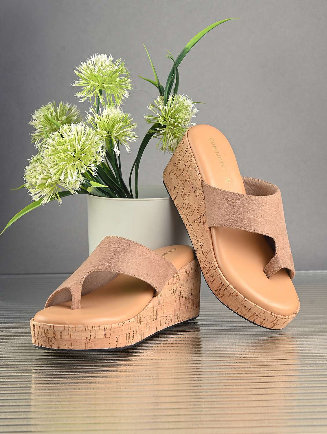 women beige one toe wedge