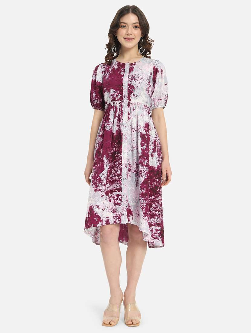women printed puff sleeves high low dress