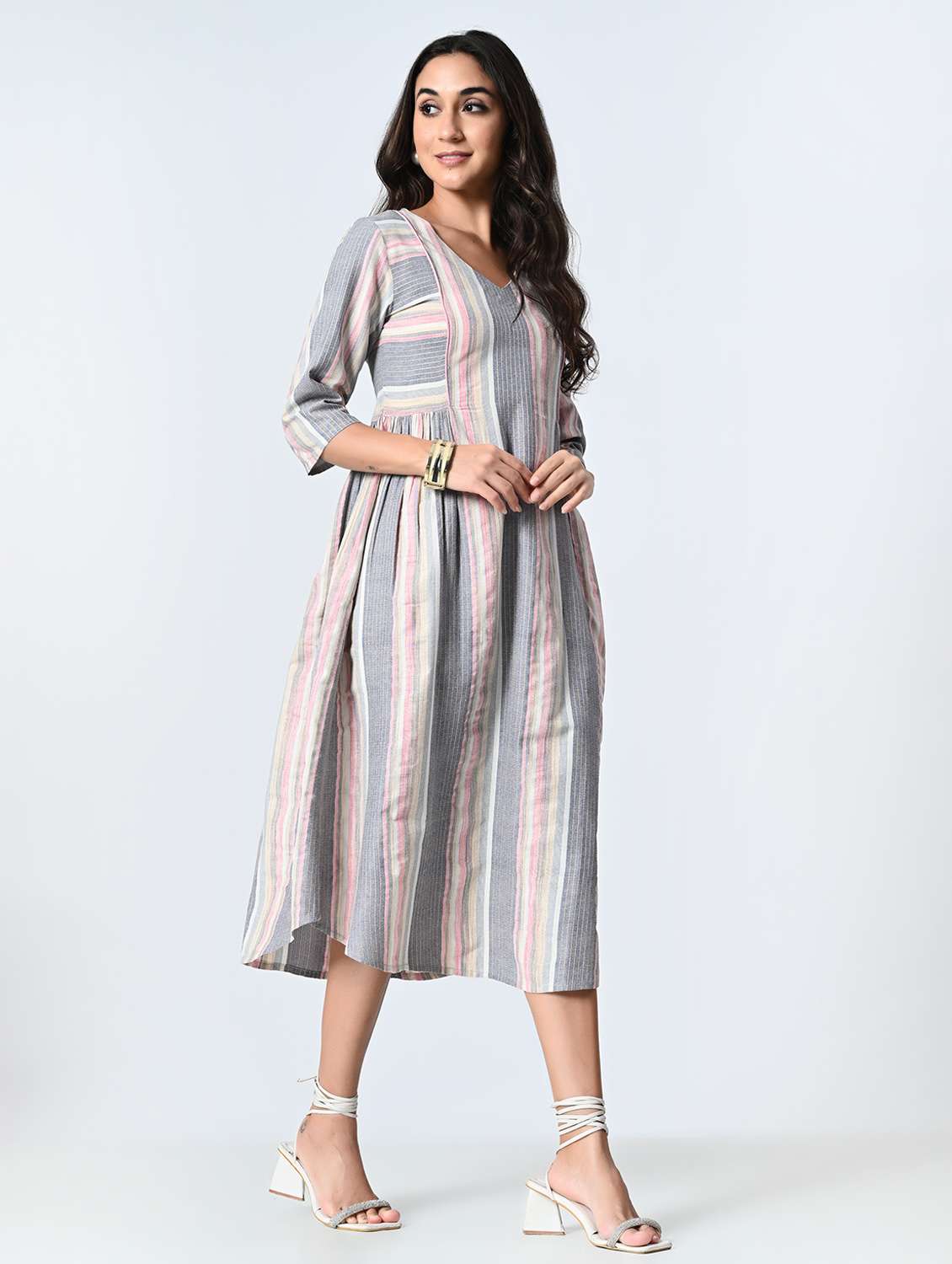 women striped three quarter sleeves a-line dress - 21845547 -  Standard Image - 1