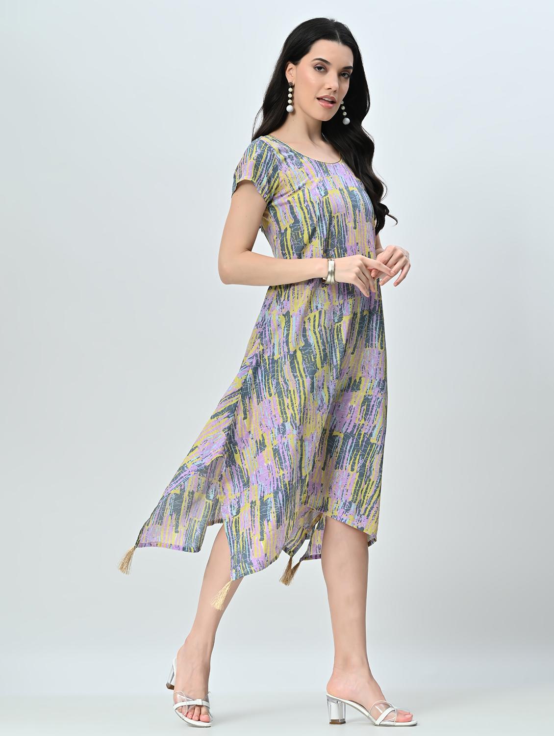 women printed round neck asymmetric dress - 21845548 - Standard Image - 1