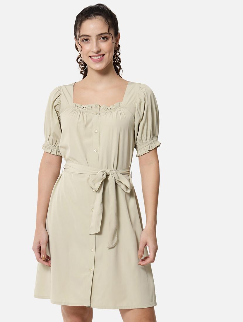 women solid puff sleeves a-line dress - 21845555 -  Zoom Image - 0