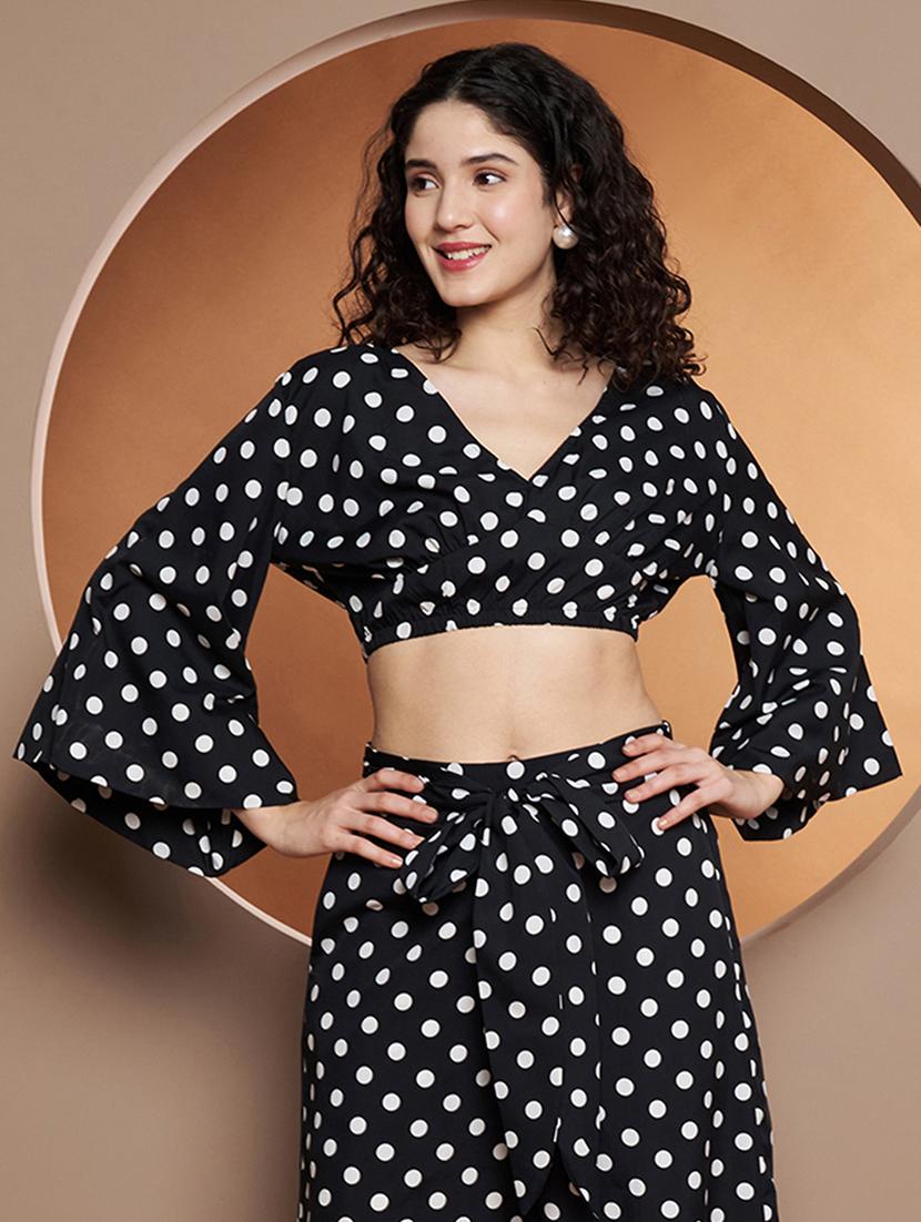 women polka doted bell sleeves crop top