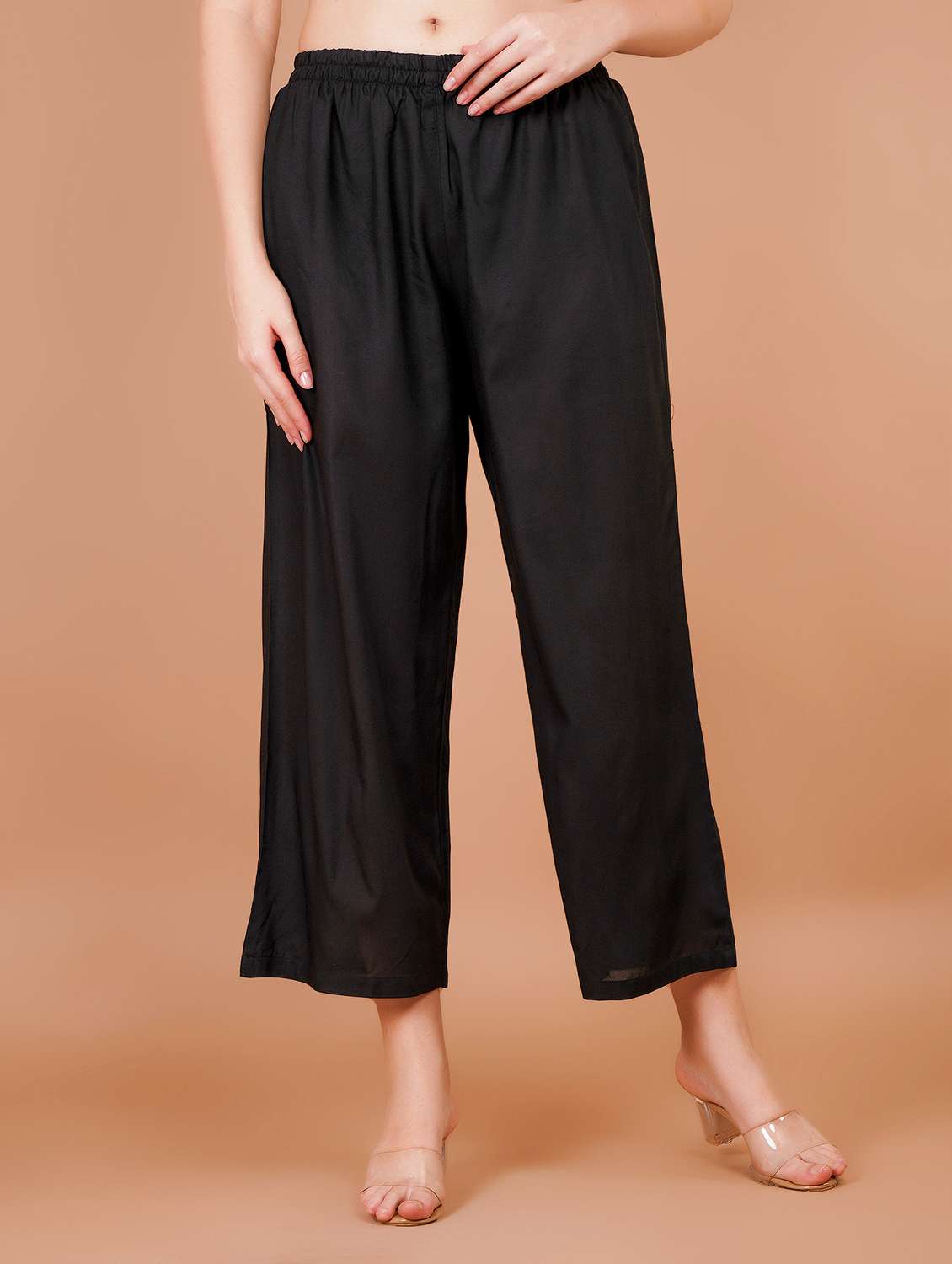 women black solid mid rise straight palazzo