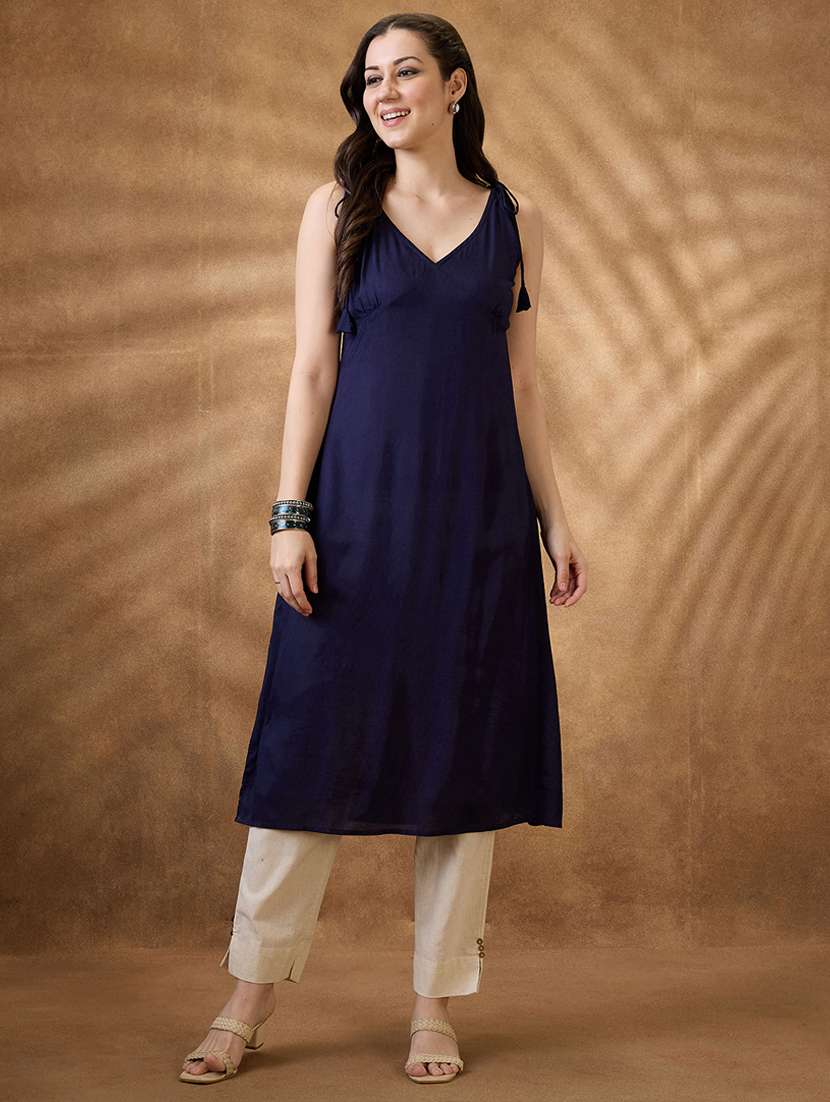 women navy blue solid sleeveless a-line kurta