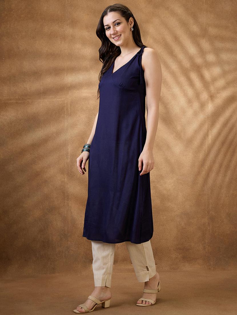 women navy blue solid sleeveless a-line kurta - 21853676 -  Standard Image - 1