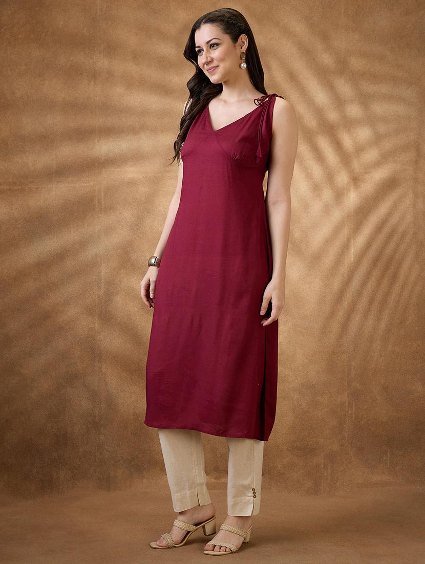 women maroon solid sleeveless a-line kurta - 21853677 -  Standard Image - 1