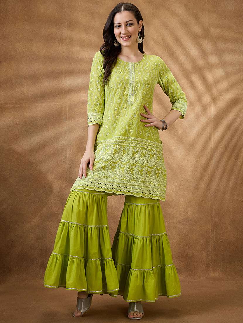 women green embroidered kurta sharara set