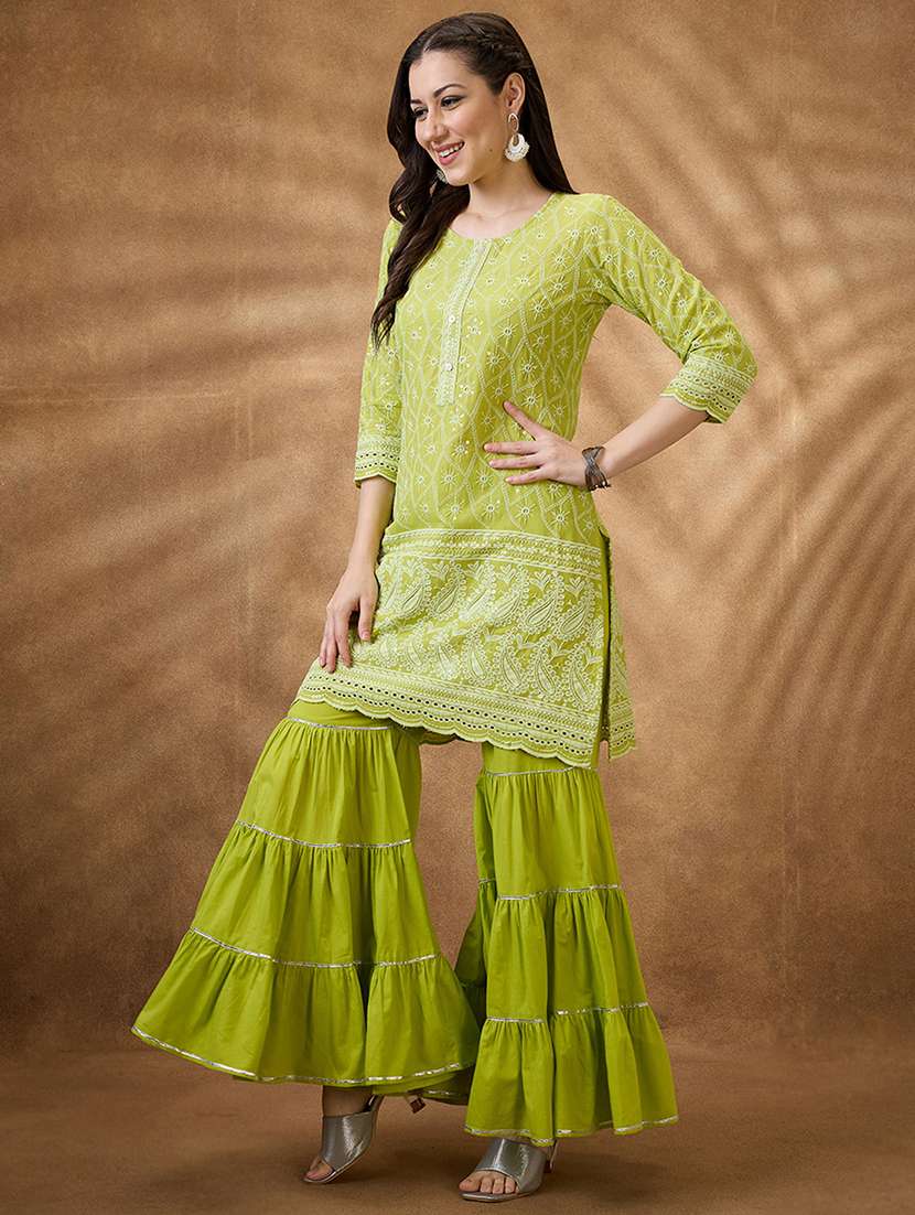 women green embroidered kurta sharara set - 21853678 -  Standard Image - 1
