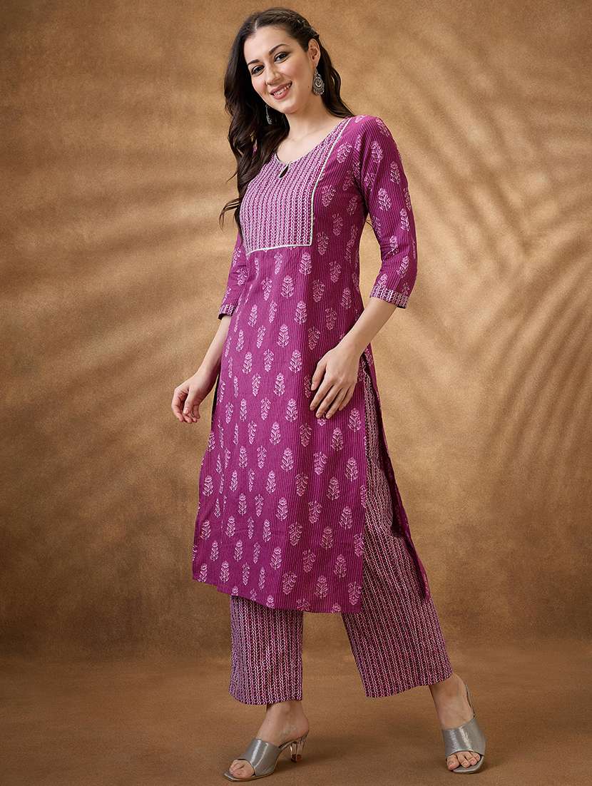 women three quarter sleeve kurta pant set - 21853685 -  Standard Image - 1