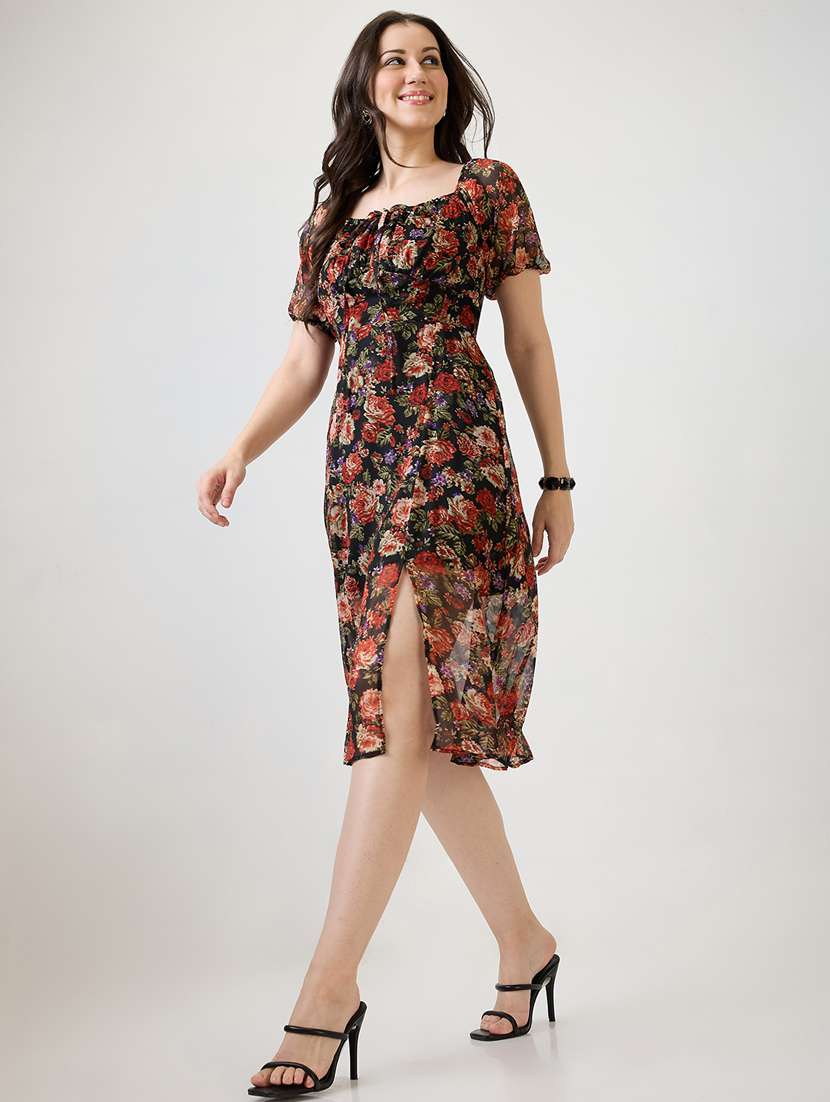 women floral print puff sleeves a-line dress
