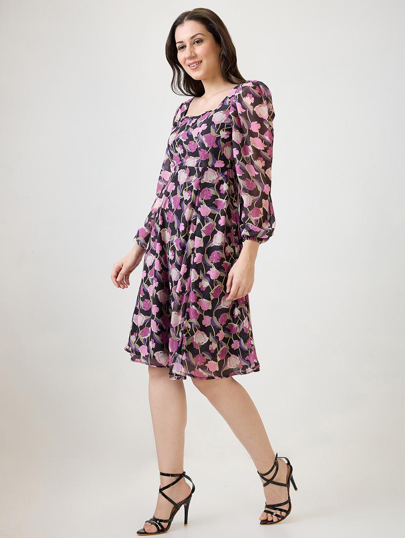 women printed puff sleeves fit & flare dress - 21853697 -  Standard Image - 1