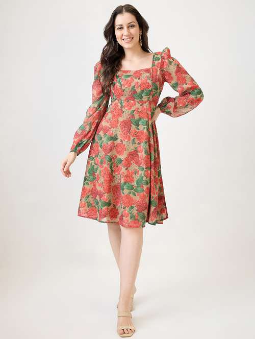 women floral print puff sleeves fit & flare dress - 21853698 - Standard Image - 0
