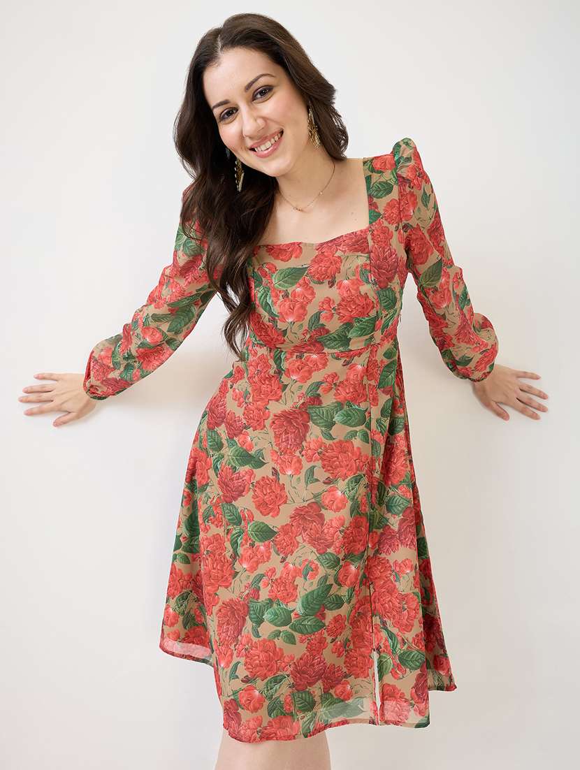 women floral print puff sleeves fit & flare dress - 21853698 - Standard Image - 4