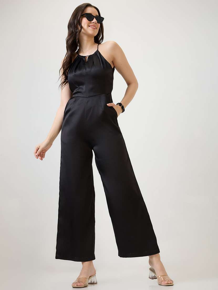 women solid halter neck full length jumpsuit