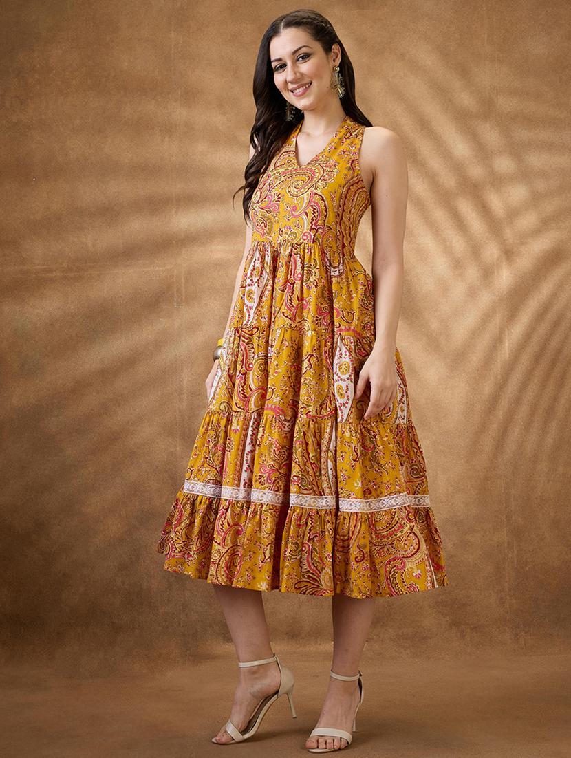 women yellow paisley v neck tiered ethnic dress - 21853720 - Standard Image - 1