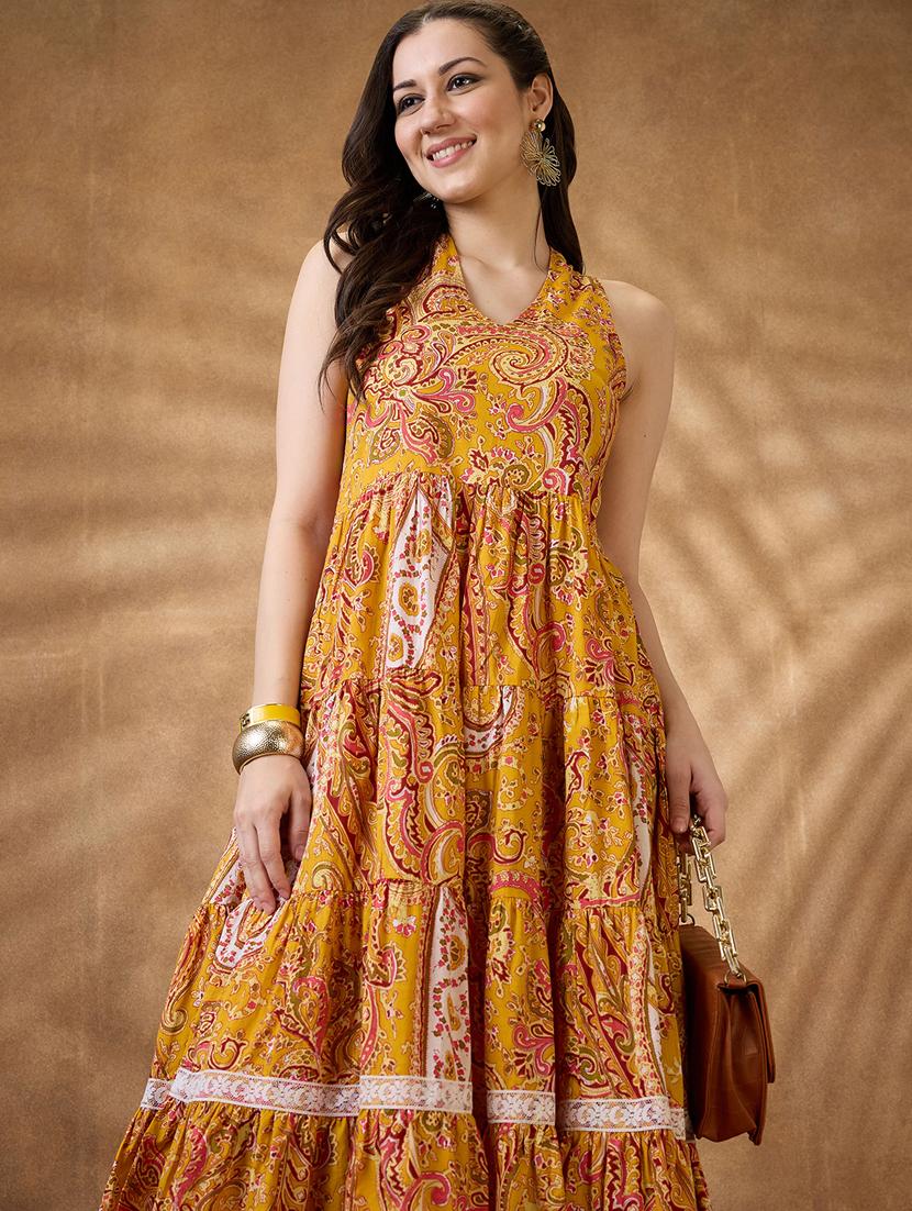 women yellow paisley v neck tiered ethnic dress - 21853720 - Standard Image - 4