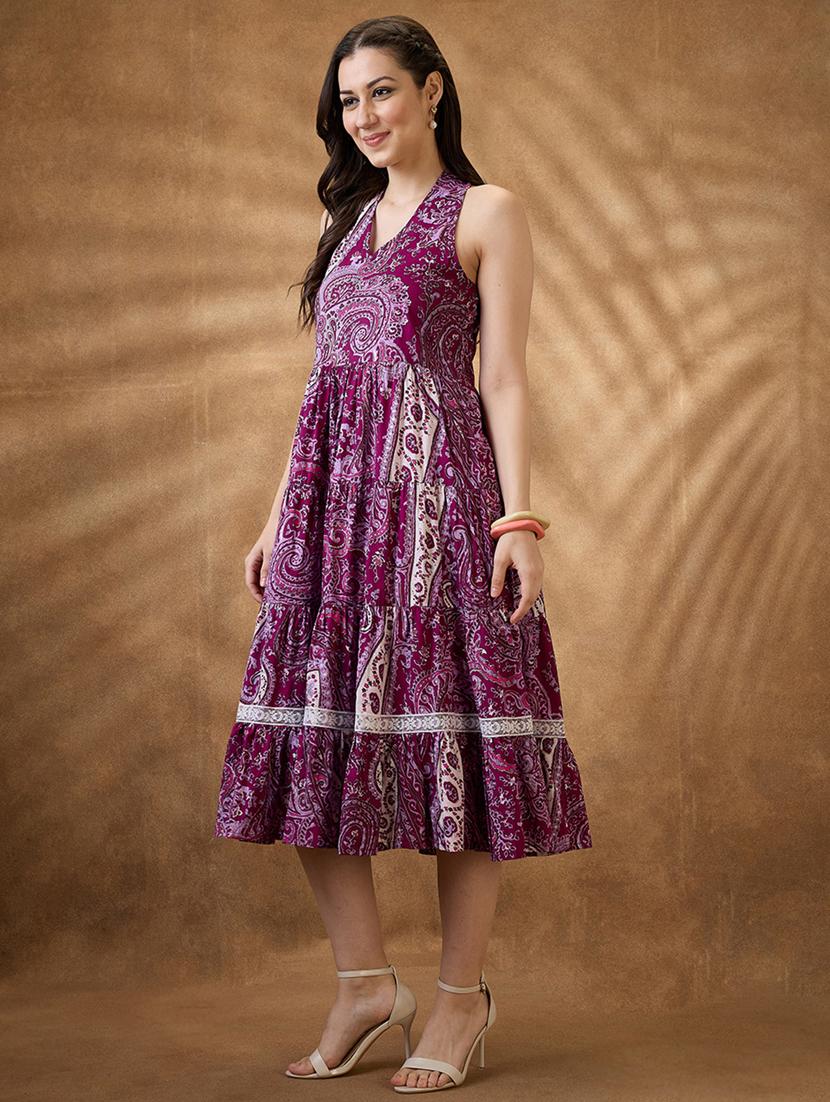 women purple paisley v neck tiered ethnic dress - 21853721 - Standard Image - 1